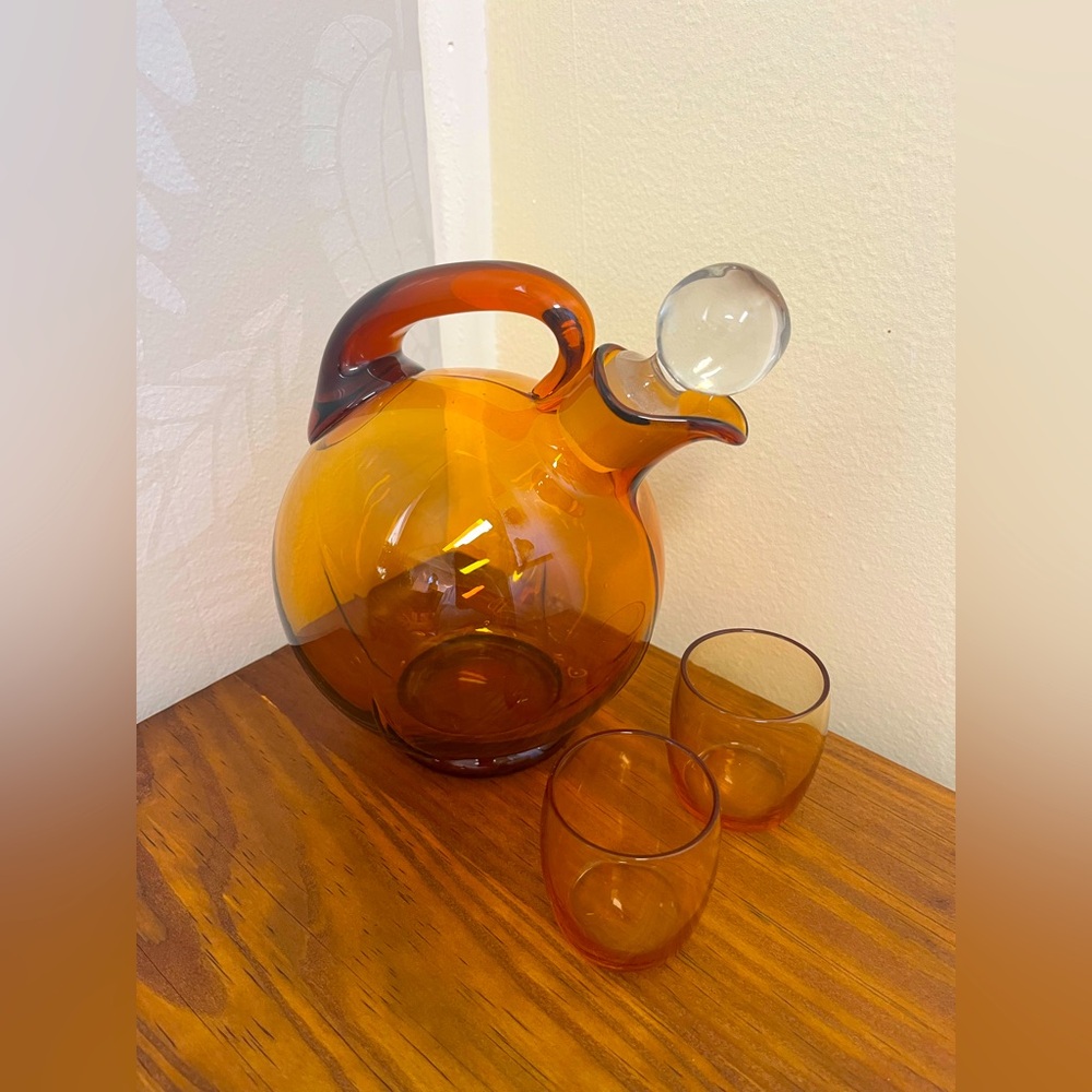 Vintage Cambridge Amber Glass Tilt Ball Cordial Decanter w/2 Glasses